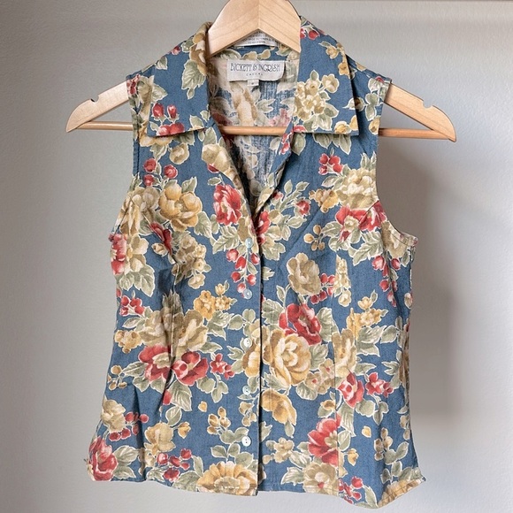 Vintage Tops - Vintage Bickett & Ingrish Linen Cotton Floral Sleeveless Collared Top 6